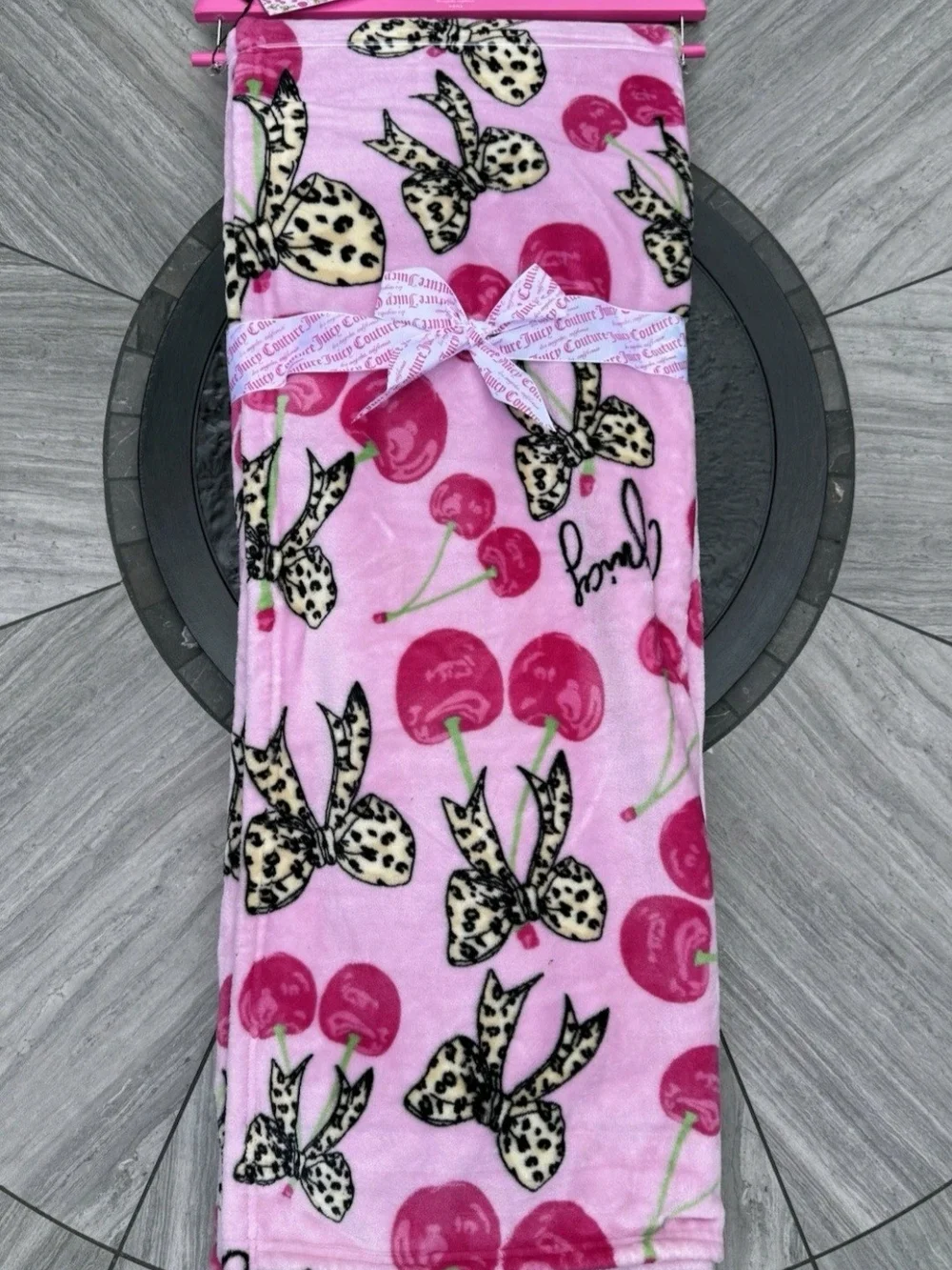 Juicy Couture Pink Cherry & Leopard Bow Plush Ovetsized Throw Blanket
